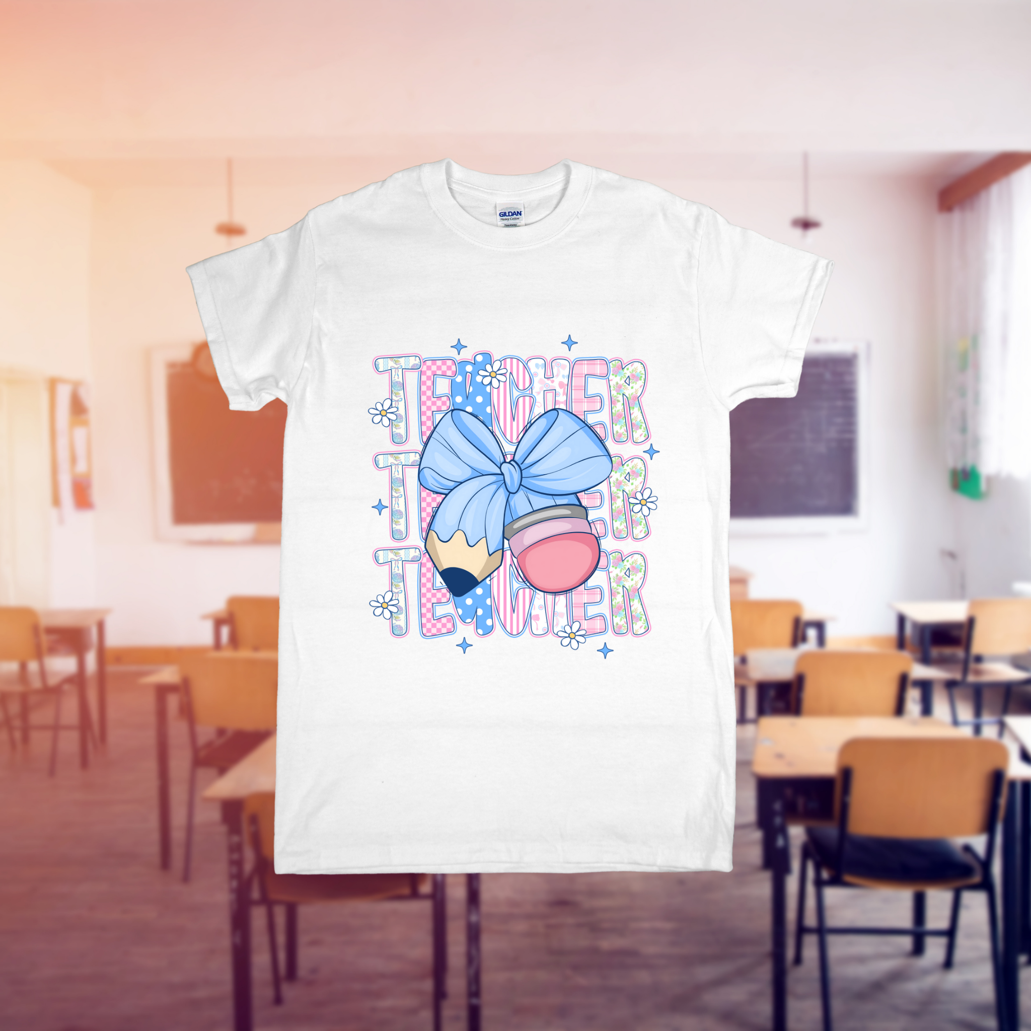 White t-shirt with colorful design in a classroom setting