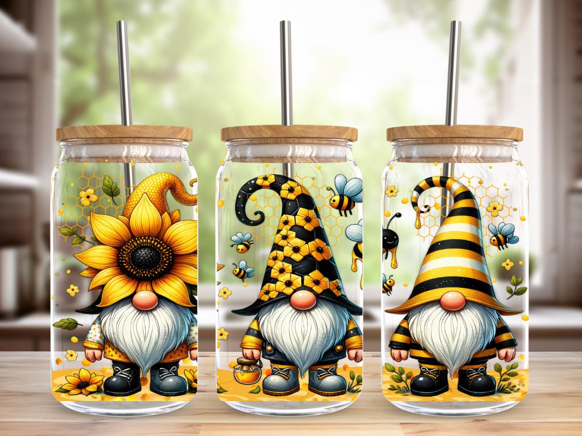 Sunflower Bee Gnome 16oz Libbey Glass Can