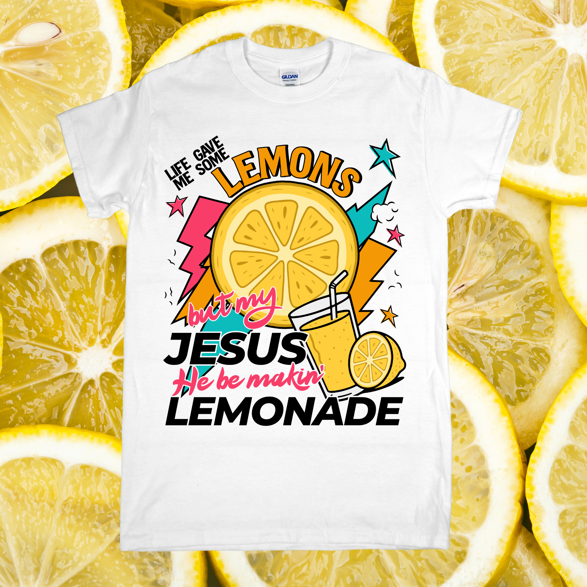 White t-shirt with lemon-themed design on a background of lemon slices