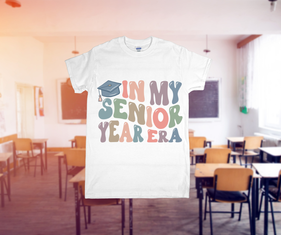 T-shirt with 'In My Senior Year Era' design in a classroom setting