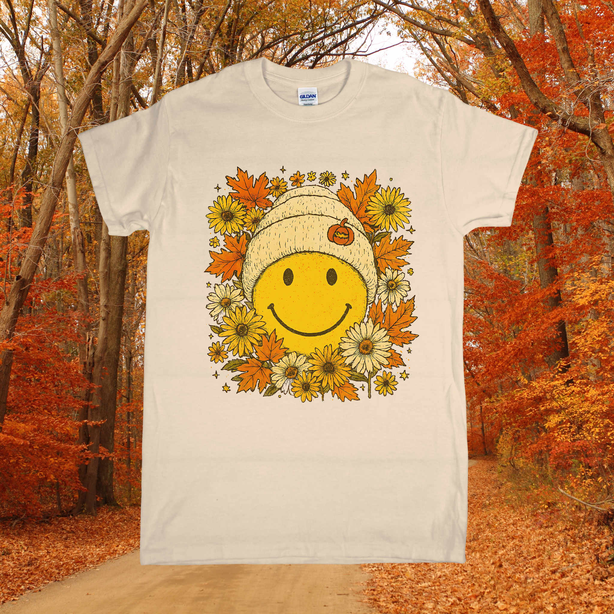 Kids Fall Smiley Face T-Shirt – Autumn Leaves & Daisies