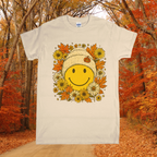 Fall Smiley Face Beanie Graphic Tee– Autumn Pumpkin and Daisy Shirt