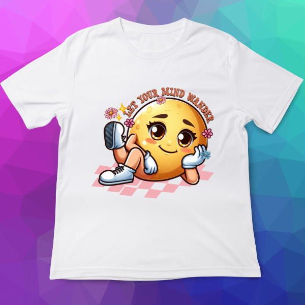 White t-shirt with a cartoon emoji design on a colorful geometric background