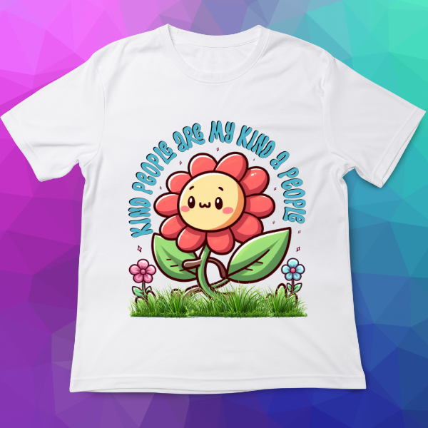 White t-shirt with a cartoon flower and text on a colorful geometric background