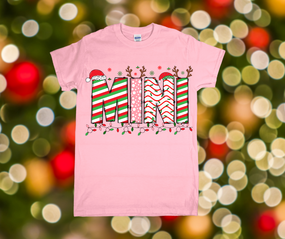 Pink t-shirt with 'MINI' design on a festive background