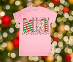 Pink t-shirt with 'MINI' design on a festive background