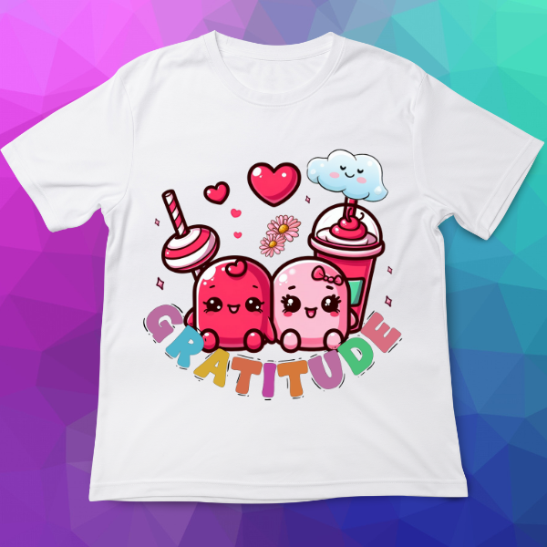 White t-shirt with cartoon characters and 'gratitude' text on a colorful geometric background