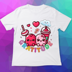 White t-shirt with cartoon characters and 'gratitude' text on a colorful geometric background