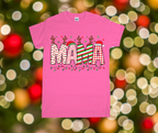 Pink t-shirt with 'MAMA' text and reindeer antlers design on a festive background