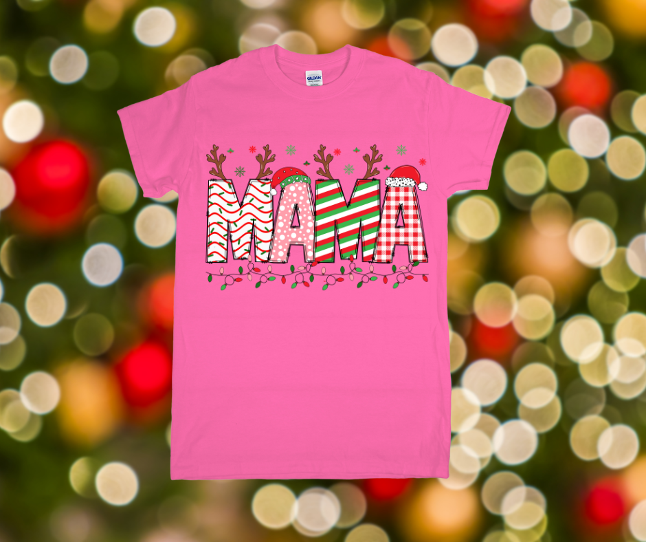 Pink t-shirt with 'MAMA' text and reindeer antlers design on a festive background