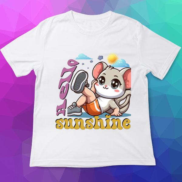 White t-shirt with a cartoon cat design and 'Hello sunshine' text on a colorful geometric background