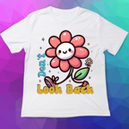 White t-shirt with a pink flower graphic and text on a colorful geometric background