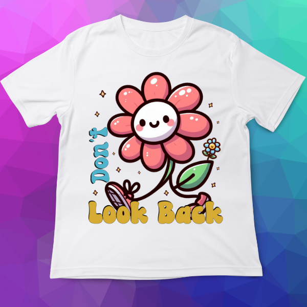 White t-shirt with a pink flower graphic and text on a colorful geometric background