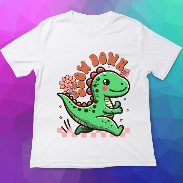 White t-shirt with a green dinosaur graphic and text on a colorful geometric background