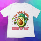 White t-shirt with a cartoon avocado character and text on a colorful geometric background