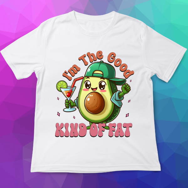 White t-shirt with a cartoon avocado character and text on a colorful geometric background