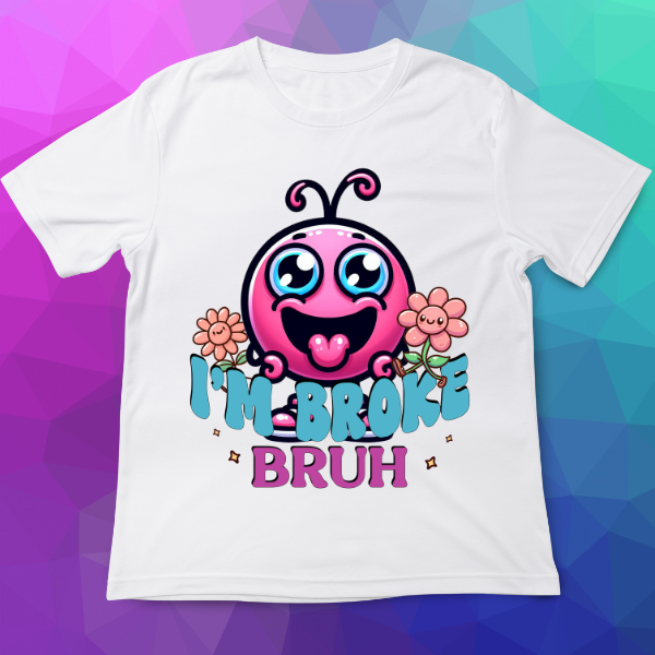 White t-shirt with a colorful cartoon character and text on a multicolored geometric background
