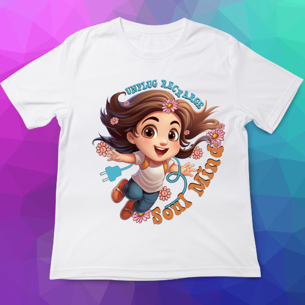 White t-shirt with cartoon character and text on a colorful geometric background