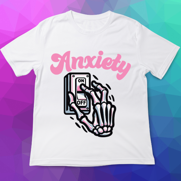 White t-shirt with 'Anxiety' graphic design on a colorful geometric background