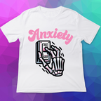 White t-shirt with 'Anxiety' graphic design on a colorful geometric background