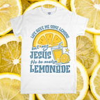 White t-shirt with lemon-themed design and text on a background of lemon slices