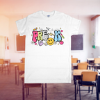 White t-shirt with colorful graphic design in a classroom setting