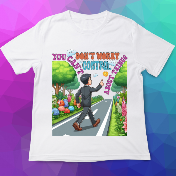 White t-shirt with a colorful graphic and text on a multicolored geometric background