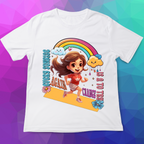 White t-shirt with a colorful graphic of a girl, rainbow, and text on a multicolored geometric background.