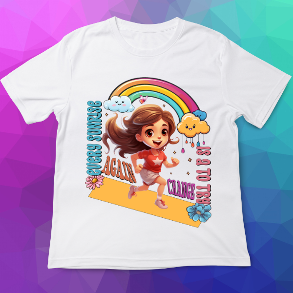 White t-shirt with a colorful graphic of a girl, rainbow, and text on a multicolored geometric background.