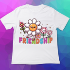 White t-shirt with a cartoon flower design and 'FRIENDSHIP' text on a colorful geometric background