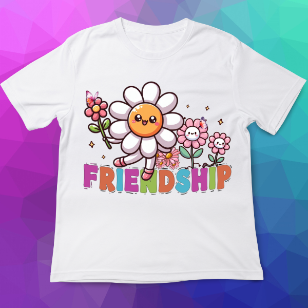 White t-shirt with a cartoon flower design and 'FRIENDSHIP' text on a colorful geometric background