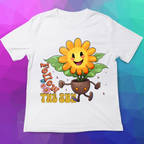 White t-shirt with a cartoon sunflower design and 'Follow the Sun' text on a colorful geometric background.