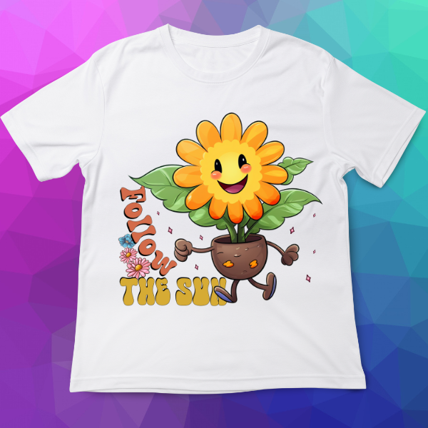 White t-shirt with a cartoon sunflower design and 'Follow the Sun' text on a colorful geometric background.
