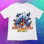 White t-shirt with cartoon characters playing instruments and 'Rock & Roll Wild Spirit' text on a colorful geometric background.