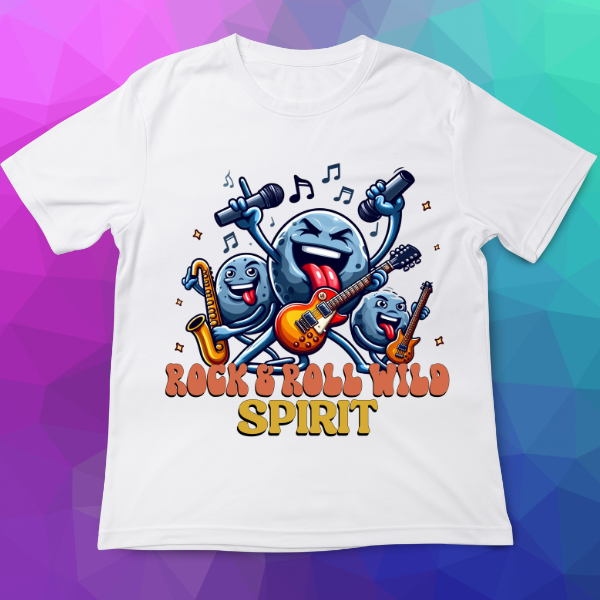 White t-shirt with cartoon characters playing instruments and 'Rock & Roll Wild Spirit' text on a colorful geometric background.