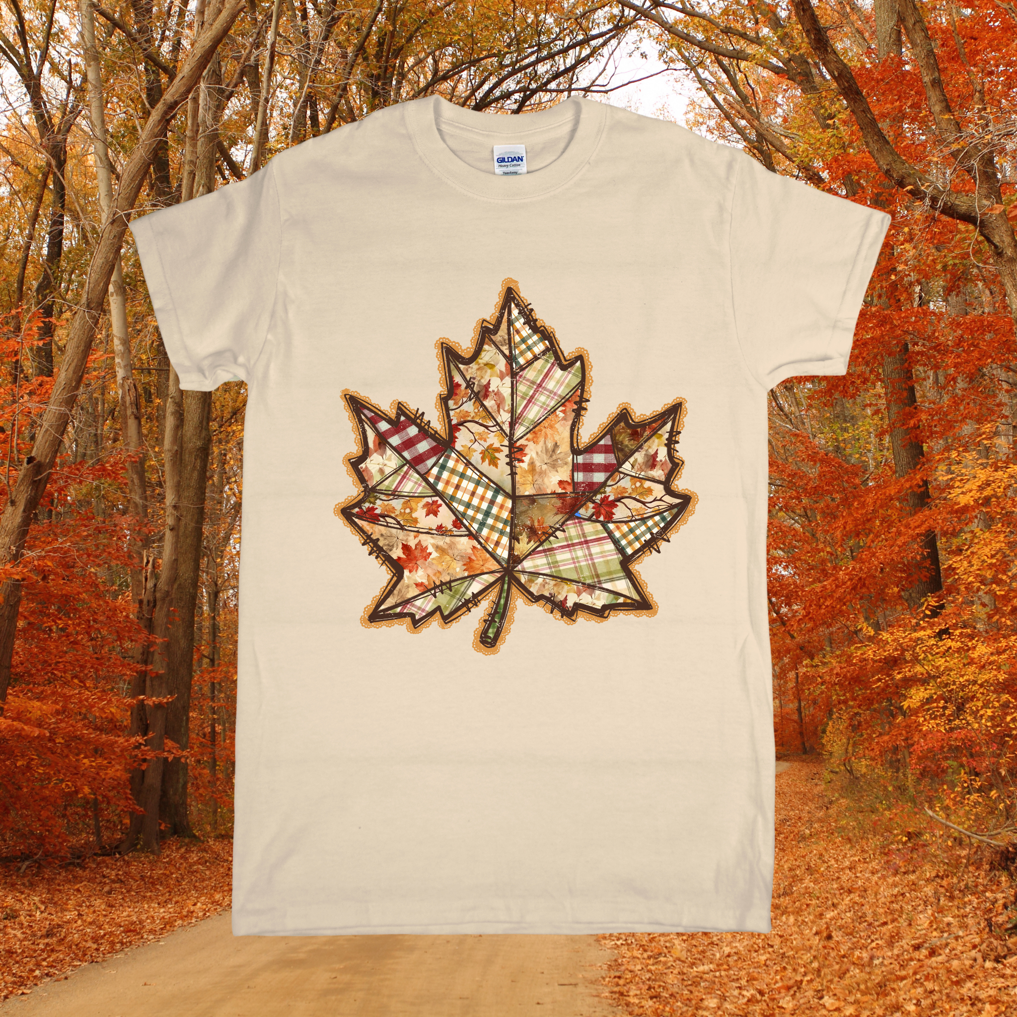 T-shirt with a plaid leaf design in an autumn forest setting