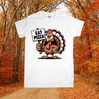 White t-shirt with a turkey holding a 'Eat Pizza!' sign in an autumn forest setting