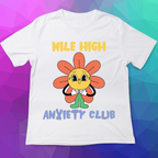 White t-shirt with a cartoon flower design and text on a colorful geometric background