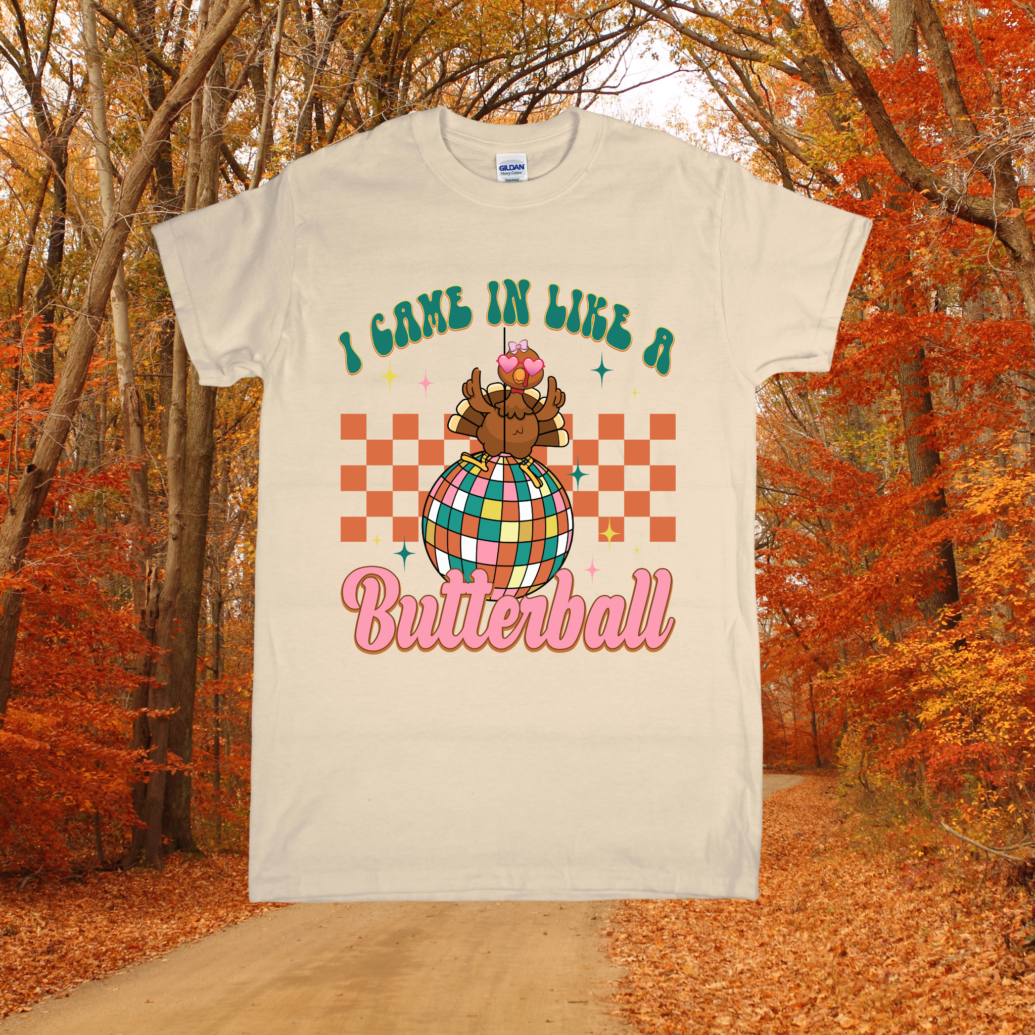 T-shirt with a graphic design in an autumn forest setting