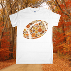 White t-shirt with floral football design in an autumn forest setting