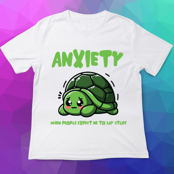 White t-shirt with a cartoon turtle and text on a colorful geometric background