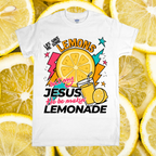 White t-shirt with lemon-themed design on a background of lemon slices