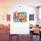 White t-shirt with 'Kindergarten' design in a classroom setting