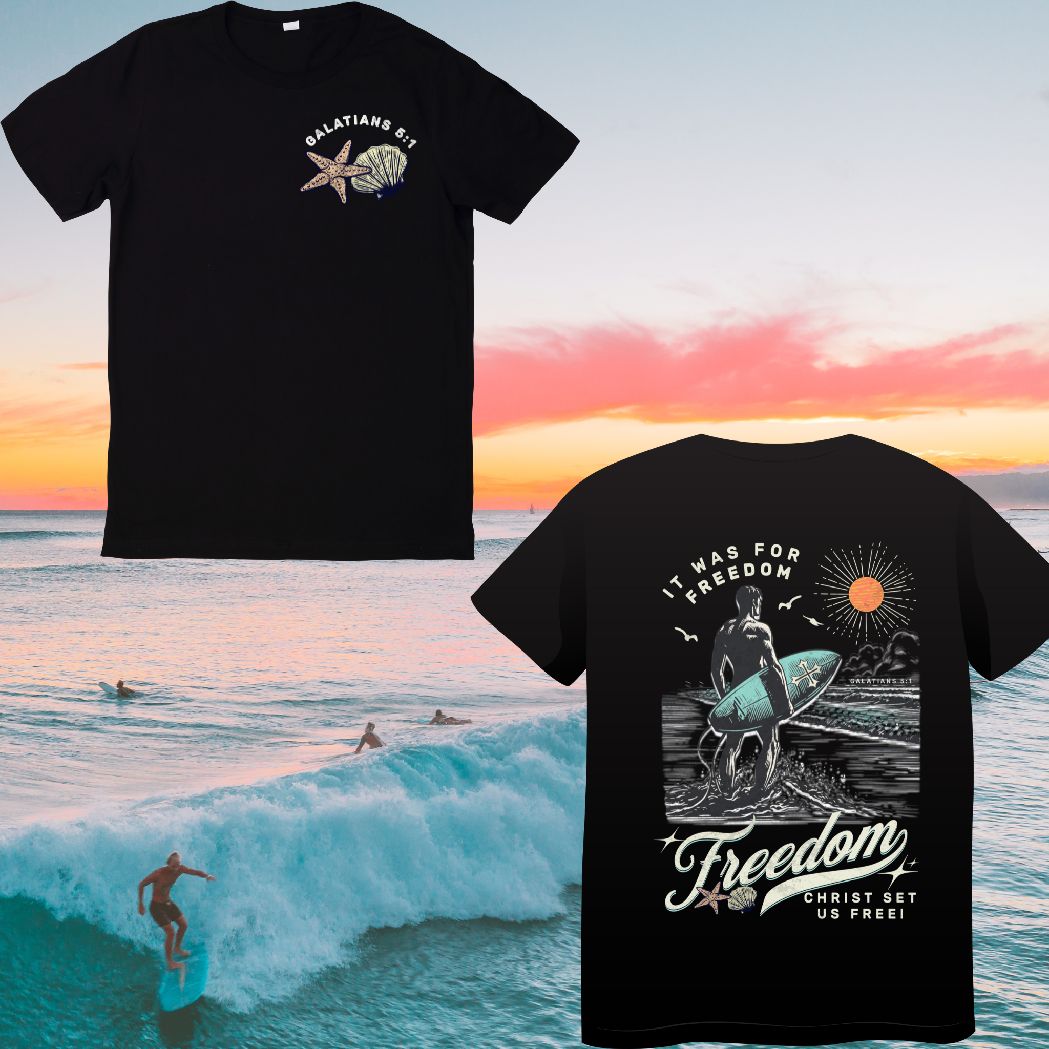 Black t-shirt with ocean-themed design against a sunset beach background