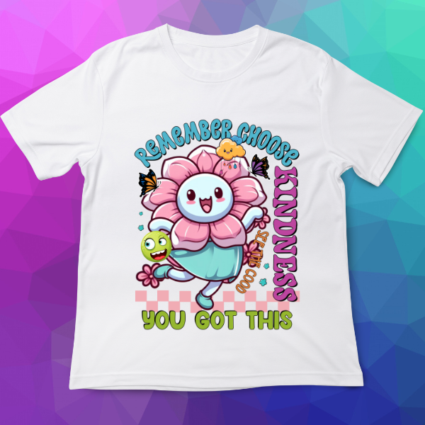 White t-shirt with a colorful design featuring a flower and text on a multicolored geometric background