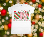 White t-shirt with colorful 'MINI' design on a festive background