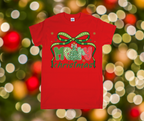 Red t-shirt with Christmas design on a blurred festive background