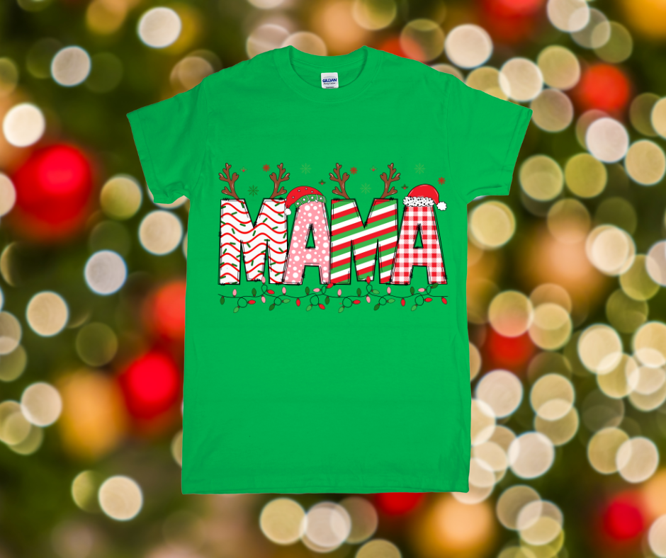 Green t-shirt with 'MAMA' print on a festive background