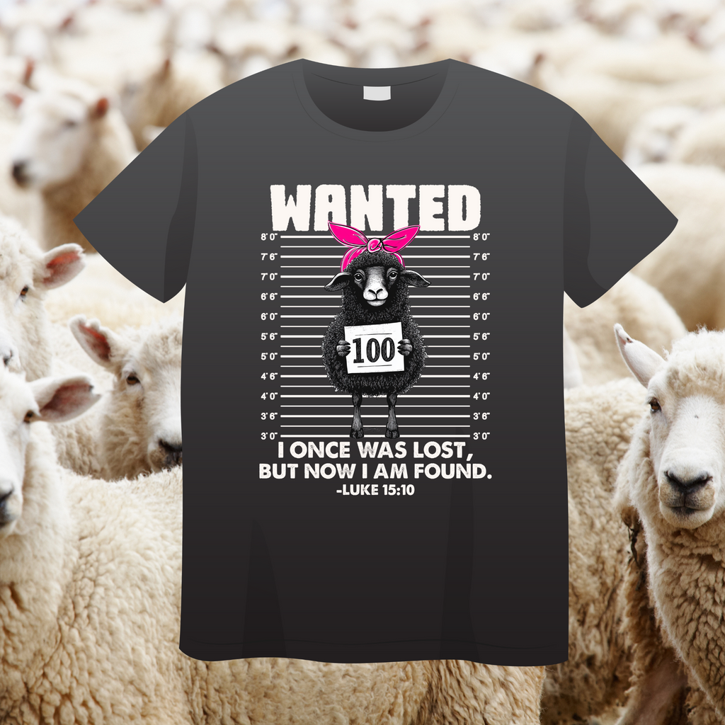Black t-shirt with a graphic of a sheep and text, surrounded by sheep in a field.