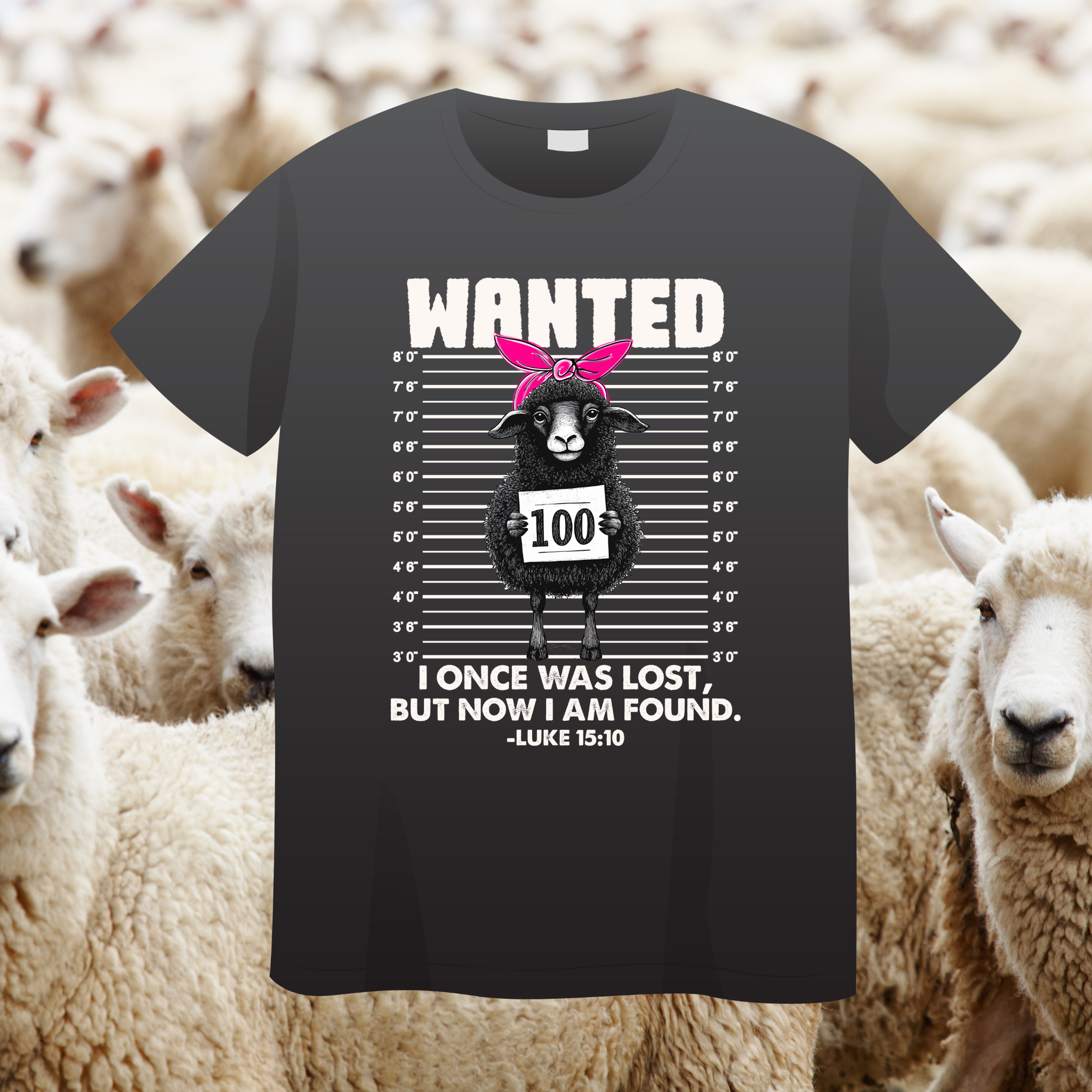 Black t-shirt with a graphic of a sheep and text, surrounded by sheep in a field.